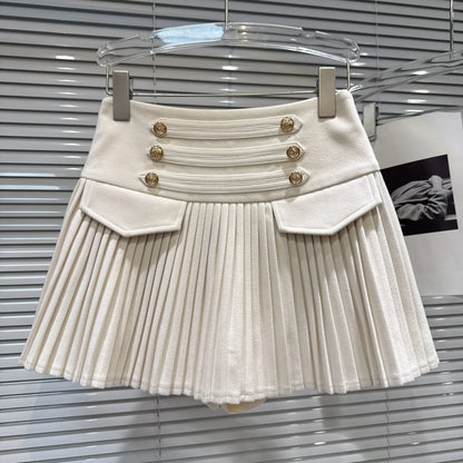 DEAT Trendy 2026 Autumn New Elegant Double Breasted Faux Woolen High-Waisted Pleated Skirt For Women A-line Skirts 11C320