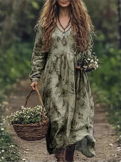 Boho Vintage Print Long Dresses For Women 2025 Casual V Neck Full Sleeve Splice High Waist Loose Dress Autumn Fashion Vestidos - Kimlud