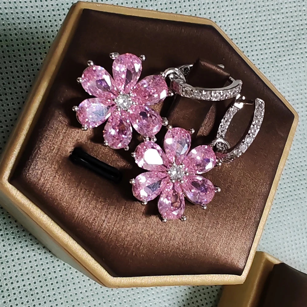Pink Flower Sparkling Zircon Silver Drop Earrings for Women Vintage Jewelry Wedding Engagement Hoop Earrings Gifts |...