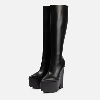 2025 New black platform knee high boots fashion Pointed toe skinny calf knee high boots Side zipper Riding boots