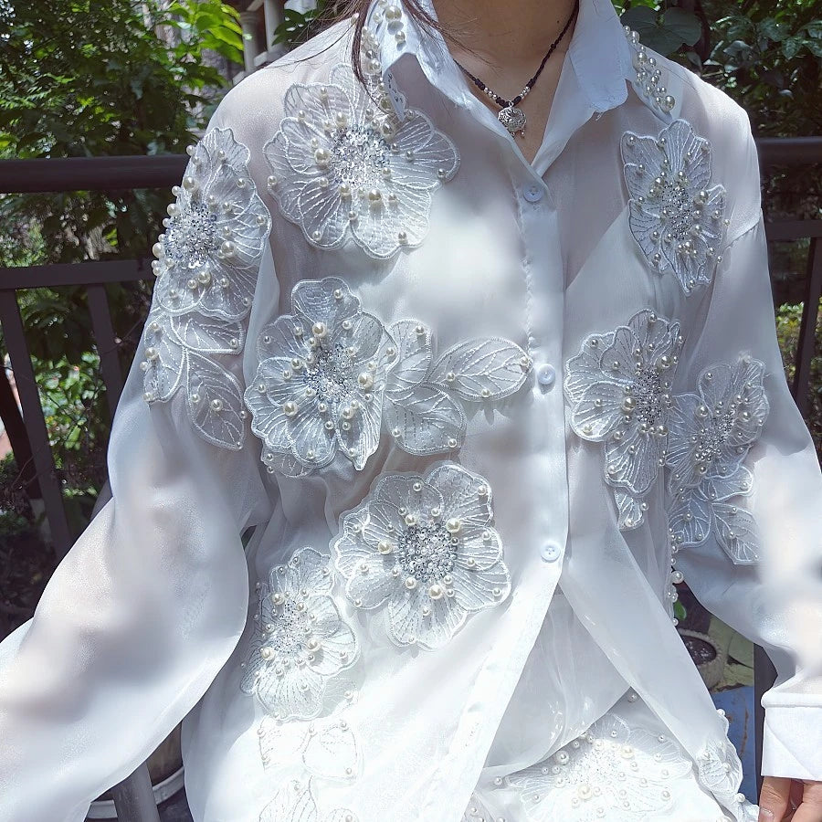 Fairy 3D Flowers Embroidery Sequined Chiffon Shirts Mesh Soliced Pearls Blouses Sunscreen Cardigan Tops+Elastic Shorts...