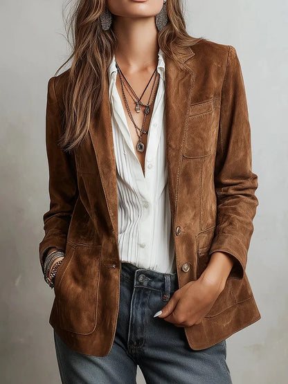 Fashion Women's Suede Jacket Notched Collar Single Breasted Full Sleeve Blazer Coat Multiple Pockets Spring Autumn Streetwear