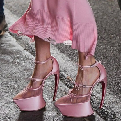2026 Spring/Summer New Fashion Runway Satin Pink Ribbon Pointed-Toe Platform Stiletto Heel Ballet Bow High-Heeled Pump...