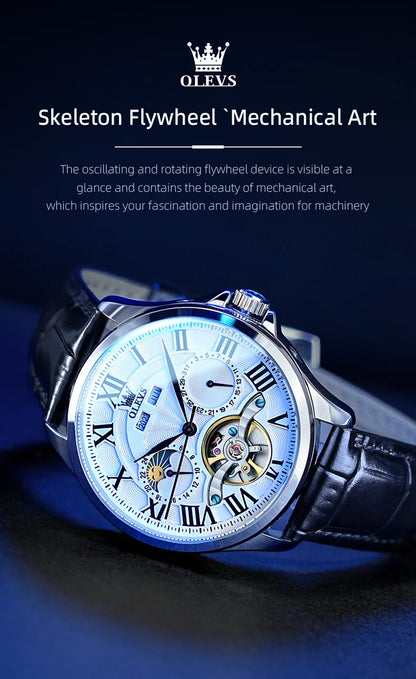 OLEVS 7013 Men's Watch Fashion Moon Phase Mechanical Watch For Men Waterproof Roman Scale Hollow Flywheel Automatic Hand Clock