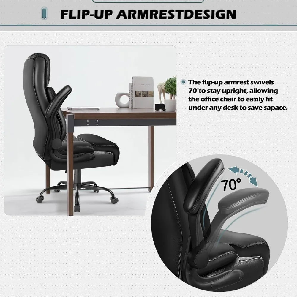 High Back Executive Office Chair for Adult, Big and Tall Leather Home Desk Chairs with Padded Flip-up Arms, Swivel Rolli