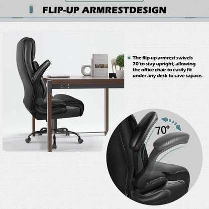 High Back Executive Office Chair for Adult, Big and Tall Leather Home Desk Chairs with Padded Flip-up Arms, Swivel Rolli