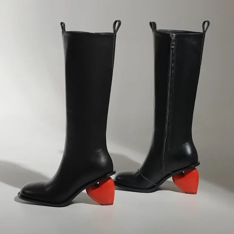 New Retro Sexy Round Toe Peach Heart Heel Side Zipper Knee High Boots European American Fashion Show Color Blocked Women's Boots