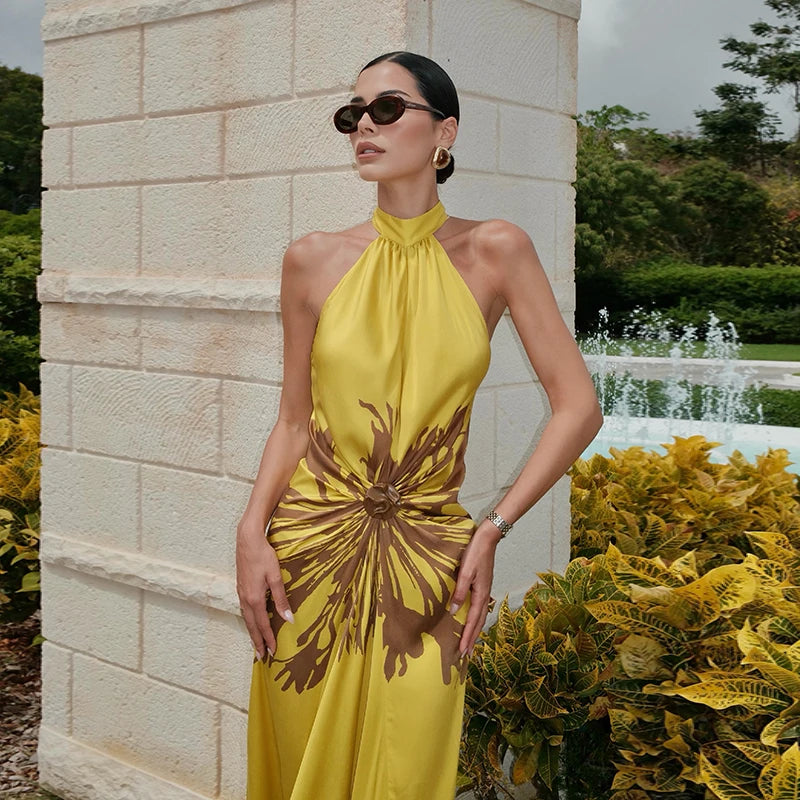 2026 Summer Sexy Print Long Women Dress Fashion Backless Sleeveless Halter Pleated Female Dresses Beach Vacation Lady...