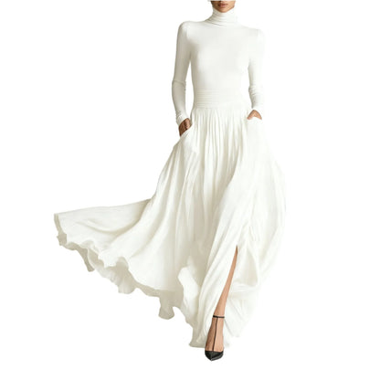 French Retro Elegant Light Luxury Slim-fit Dress for Women Turtleneck Long Sleeve Long Dresses Flowy Dress with a Large Skirt - Kimlud
