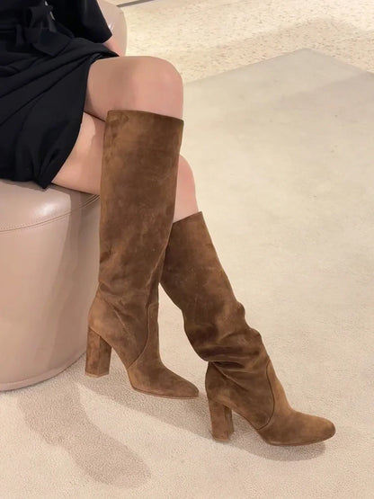 Sexy High Heels Women's Long Boots Fashion Elegant Suede Shoes 2025 Pumps Party Winter Boots New Suede Knee High Boots Mujer