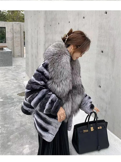 Natural Rex Rabbit Fur Coat for Women, Monochromatic Hood, Thickened and Warm, Large Fox Fur Collar, 100% Pure, New, Winter, 202