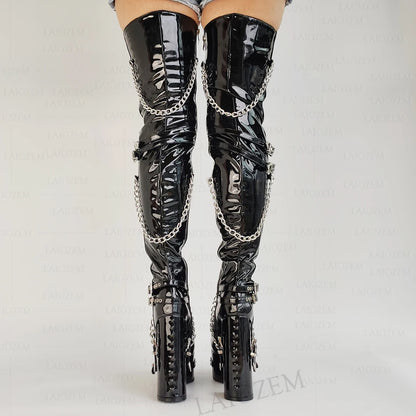 LAIGZEM Slim Fit Women Thigh High Boots Rivets Chains Platform Thick High Heels Boots Full Zip Shoes Woman Big Size 41 44 47