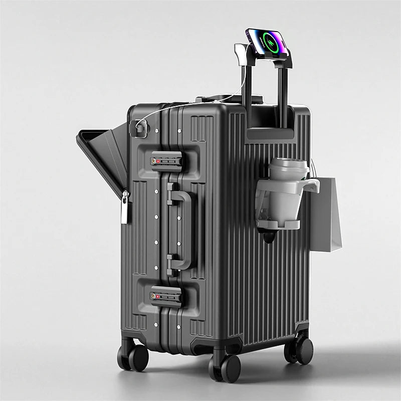 New Front Opening Luggage 24 inch USB Multifunctional Suitcase 20“ Boarding Trolley case 26 inch Large Capacity with Cup holder