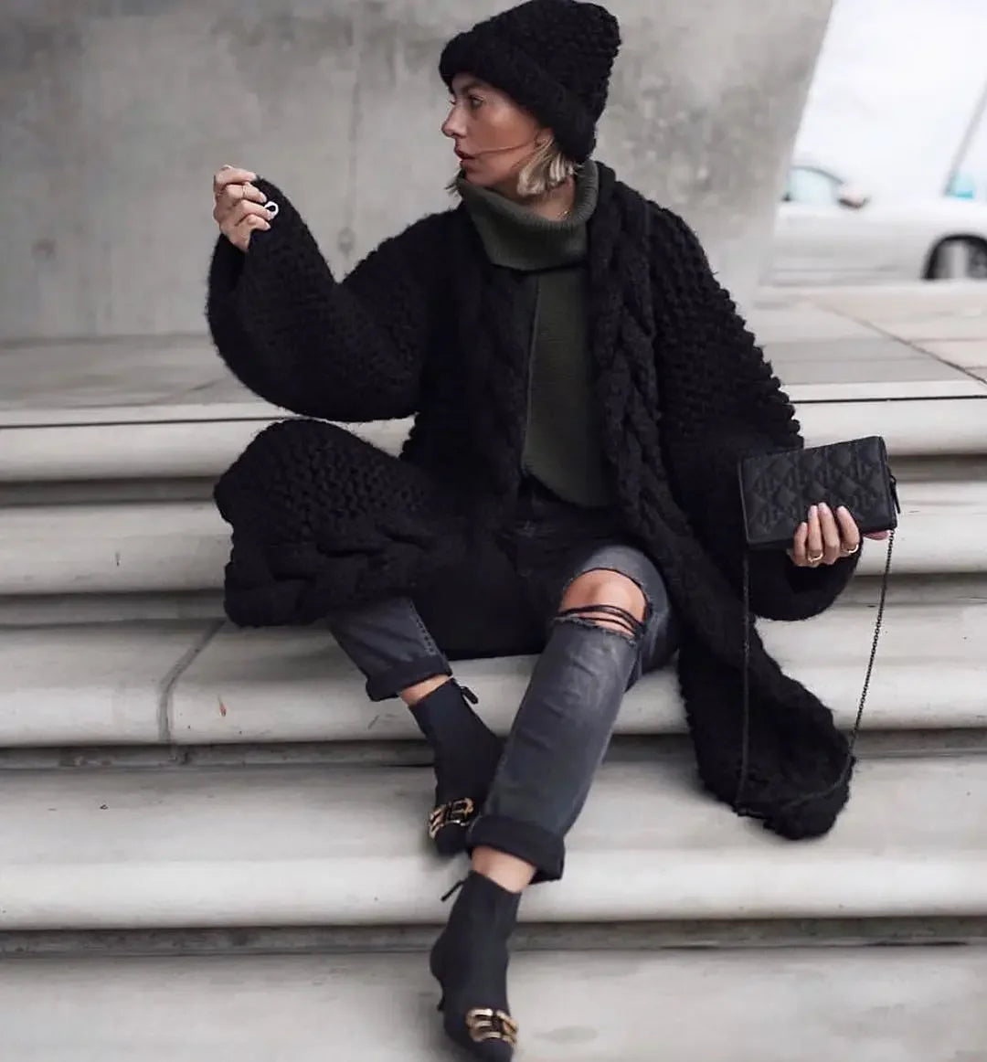 Hand-woven Split Wild Tassels Hook Twist Sweater Coat Crocheted Cardigan Autumn and Winter Thick Long Lantern Sleeve...