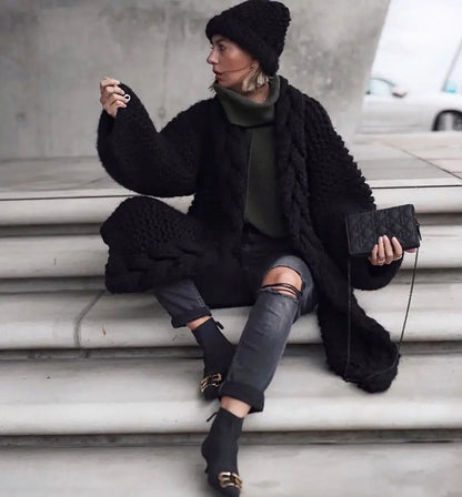 Hand-woven Split Wild Tassels Hook Twist Sweater Coat Crocheted Cardigan Autumn and Winter Thick Long Lantern Sleeve...