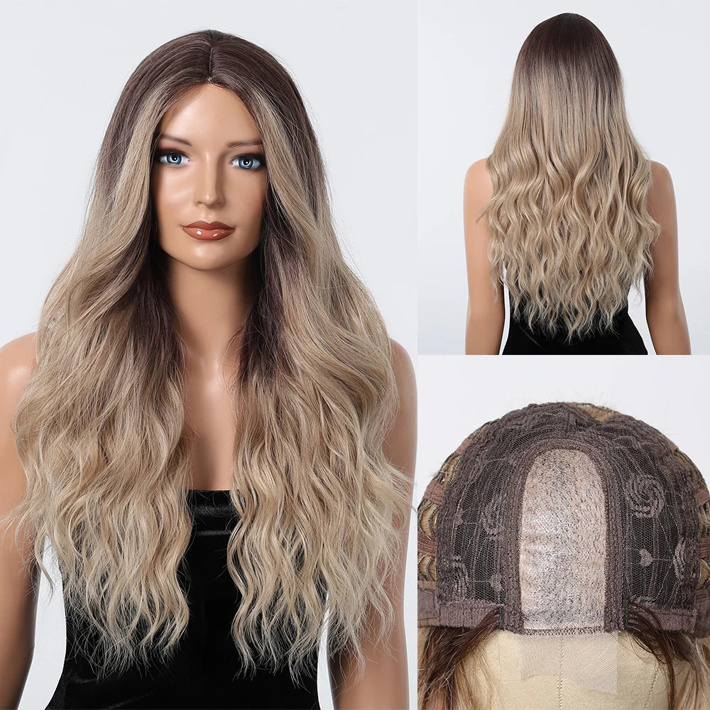 Long Body Wave Blonde Wigs Transparent Lace Frontal Synthetic Wig Middle Part Hair Light Golden Wig for White Women Dairly Party