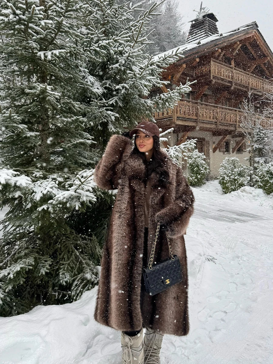 Brown Stripes Gradient Premium Faux Fur Maxi Long Coat Luxury Vintage Fluffy Lapel Collar Midi Coat Pinterest Style Slay Outfits