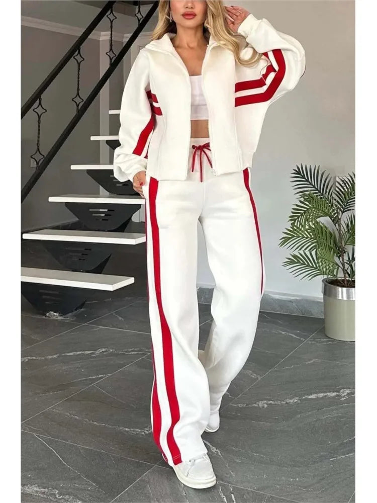 Autumn Winter Women's New Hoodie Suit Y2K Striped Zipper Loose Fit Jacket Outwear And High Waist Side-striped Pants Sports Sets - Kimlud