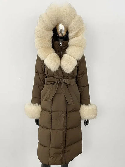 CXFS New Real Raccoon Fox Fur Collar Hooded Natural Long Winter Jacket Women 90 White Duck Down Coat Thick Warm Casual Outerwear