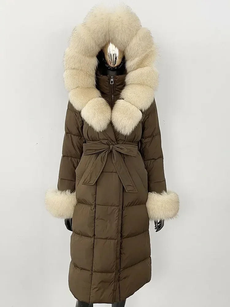 CXFS New Real Raccoon Fox Fur Collar Hooded Natural Long Winter Jacket Women 90 White Duck Down Coat Thick Warm Casual Outerwear