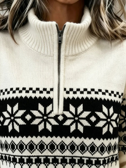 Women Snowflake Fair Isle Jacquard Half Zip Mock Neck Sweater Cream White Long Sleeve Ribbed Cuff Warm Knit Pullover |...