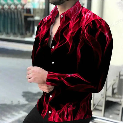 Multicoloured Flame Print Men's Turn-down Collar Button Shirt Casual Long Sleeve Shirt Fashion Streetwear Trend Tops Men Clothes - Kimlud