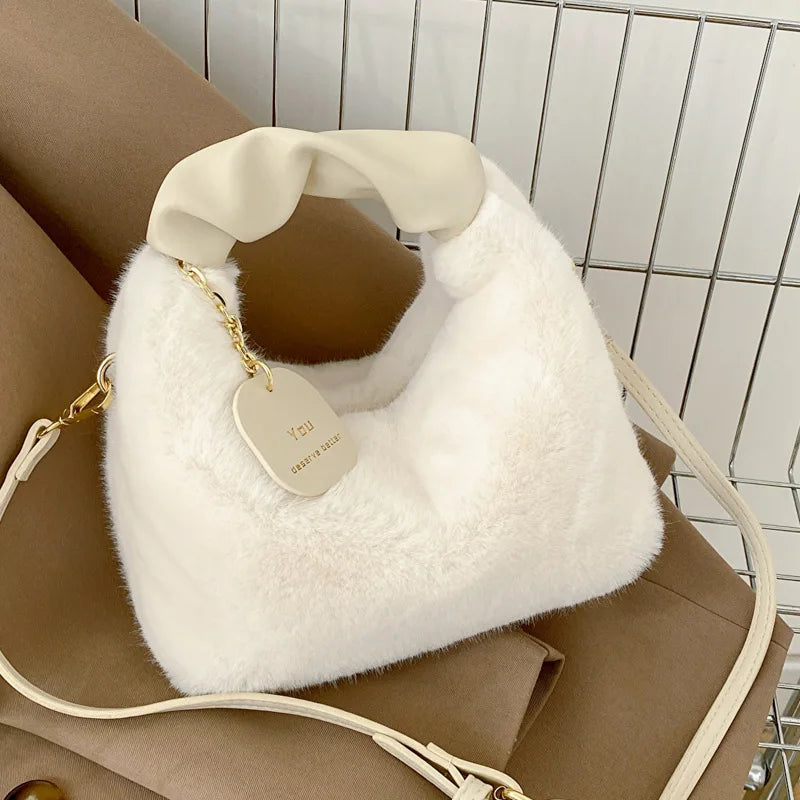 Plush Shoulder Bags For Femme Soft Winter Ladies Purse Handbag Cute Fashion Female Party Underarm Bag Travel Messenger Purse