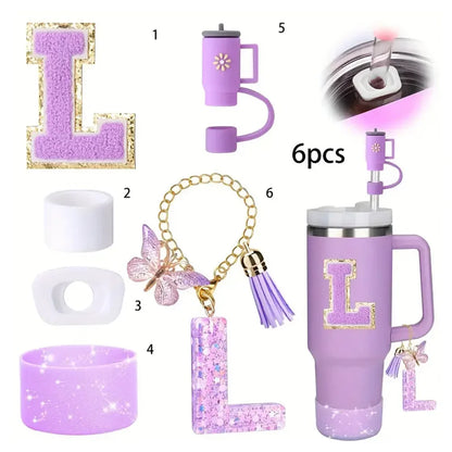 6 in 1 Cup Accessorie Set for Stanley Cup 40oz Tumbler Including Purple Silicone Straw Topper Boot Leak-proof Stopper Decoration