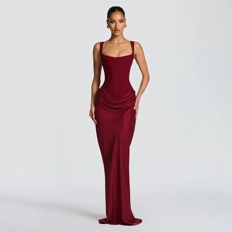 Sexy Luxury Pleated Sling Long Dress Women Elegant Solid Sleeveless Slim Fit Maxi Dresses 2026 Shinny Daily Lady Vestidos New