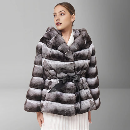Natural Rex Rabbit Fur Jacket With Hood Women's Winter Jacket Real Rabbit Fur Coat With Belt Hot Selling Genuine Leather Jackets
