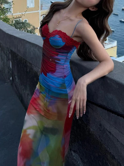 Weird Puss Colorful Print Maxi Dress Patchwork Lace Mesh Low-Neck Sleeveless Backless Summer Trend Vacation Clubwear...