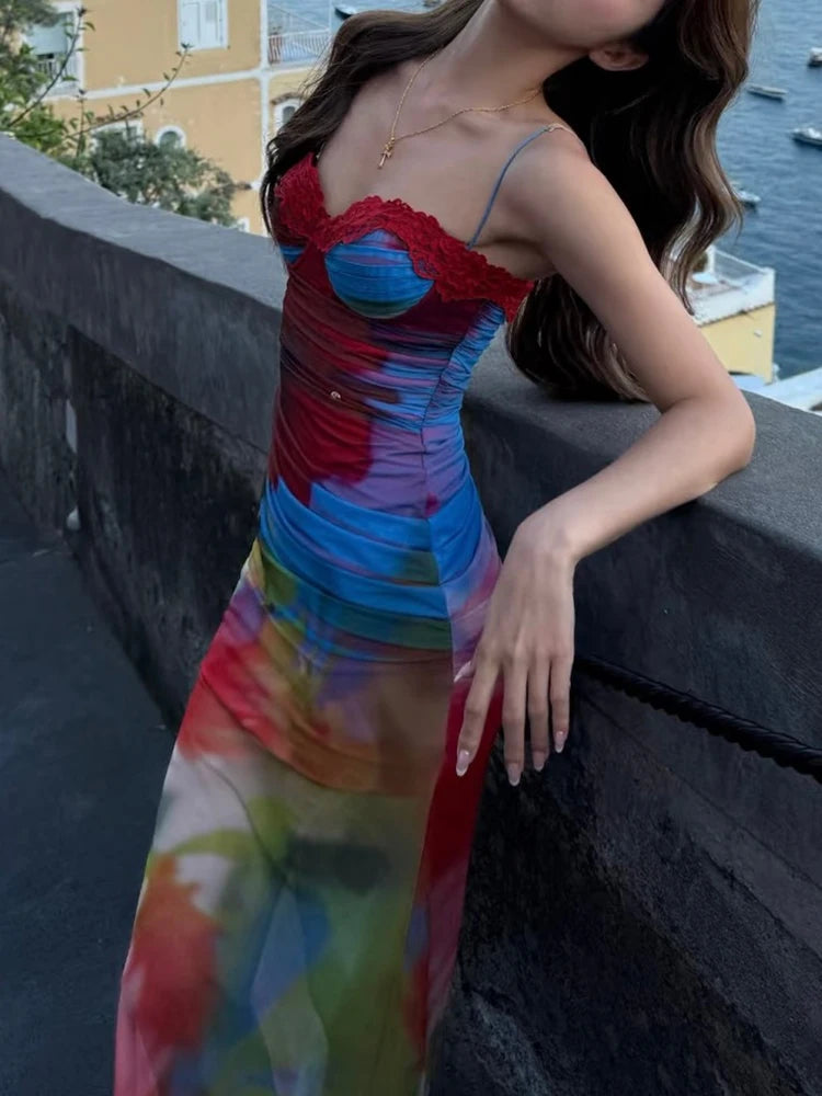 Weird Puss Colorful Print Maxi Dress Patchwork Lace Mesh Low-Neck Sleeveless Backless Summer Trend Vacation Clubwear...
