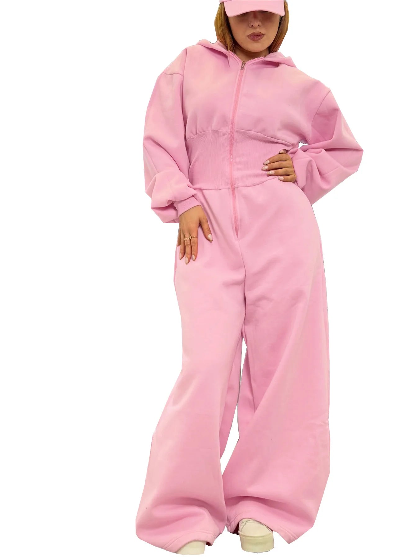 Women's Hooded Zipper Elastic Waist Jumpsuit Long Pants Sports Casual Solid Color Comfortable Casual Cross-Border Style