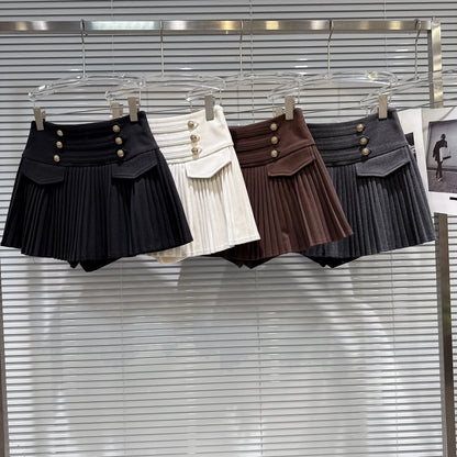 DEAT Trendy 2026 Autumn New Elegant Double Breasted Faux Woolen High-Waisted Pleated Skirt For Women A-line Skirts 11C320