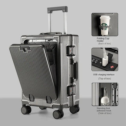 New Suitcase Front Opening Laptop Bag Aluminum  Frame Luggage with USB Port Password Trolley Case Travel Suitcases 20-28 inch