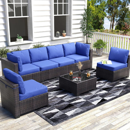7-Piece PE Rattan Sectional Patio Set, Wicker Outdoor Sofa With Cushions & Glass Coffee Table, Conversation Furniture For Garden - Kimlud