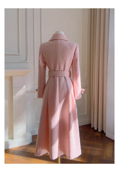 IEQJ Fashion Autumn Pink Woolen Coat Women Turn-Down Collar Double Breasted Sashes Tighten Waist Slim Blends Coat New