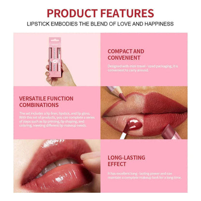 3pcs Lip Makeup Set Lip Liner Lip Gloss Lipstick Mirror Effect Beep Lips High Color Long-lasting Hydrates Travel Mini Set
