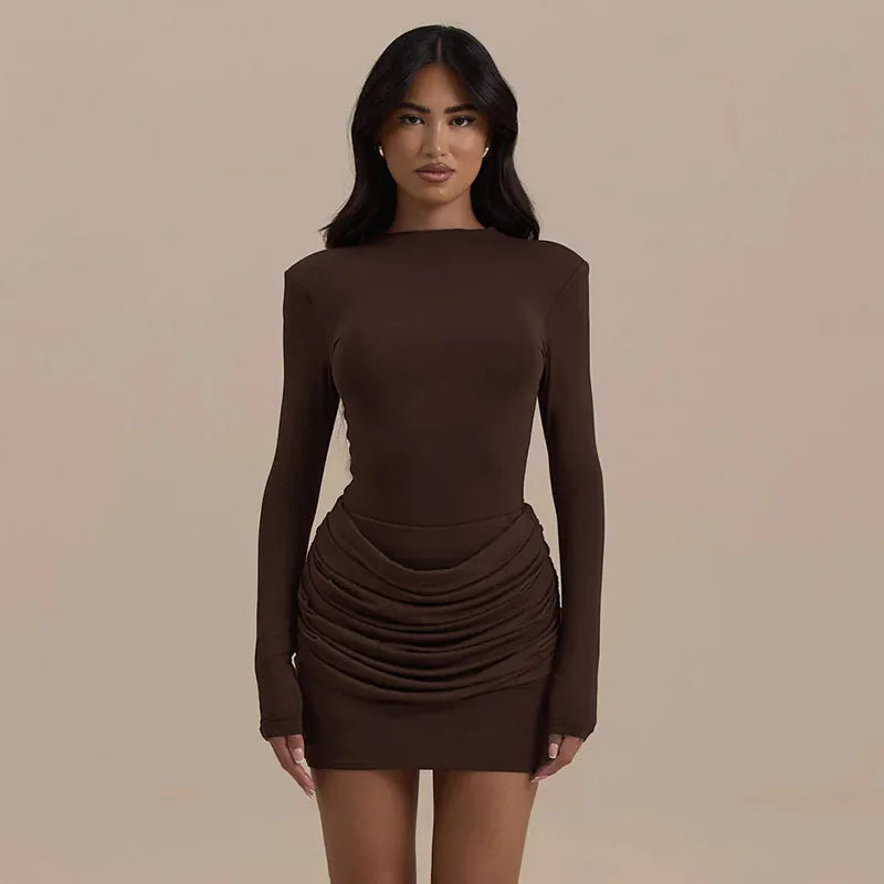 Solid Color Gathered Hip Cover Long Sleeve Dress Women's Spring Summer New Casual Round Neck Dresses For Women Ropa...