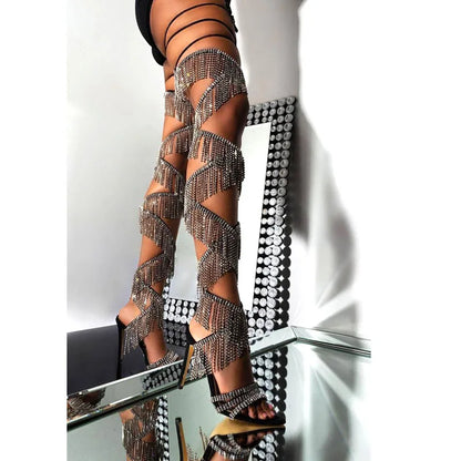 Summer Bling Rhinestone Chains Tassel Cross-tied Thigh Sandals Boots Fringe Crystal Strappy Lace-up Woman Cutout Over Knee Boots