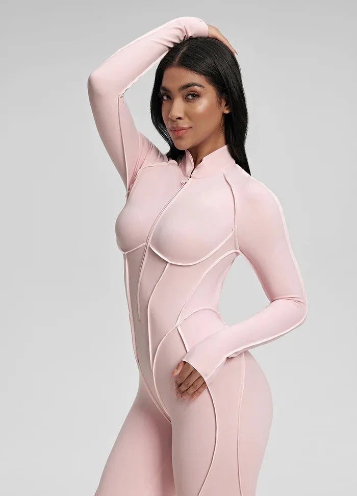 Women's Long Sleeve Zip Front Jumpsuit Chic Open Back with Contrast Stitching Stretchy Fit for Gym Streetwear Activewear Romper - Kimlud