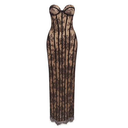 Sexy Strapless Lace Corset Long Dress Women Wine Red Black Sleeveless Summer Floral Slim Dresses Celebrity Evening Party...
