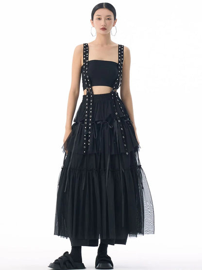 [EAM] High Elastic Waist Coffee Mesh Perspective Ribbon Strap Half-body Skirt Women Fashion Tide New Spring Autumn 2026 1DJ5044