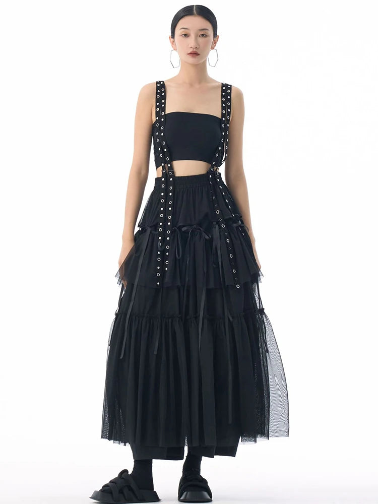 [EAM] High Elastic Waist Coffee Mesh Perspective Ribbon Strap Half-body Skirt Women Fashion Tide New Spring Autumn 2026 1DJ5044