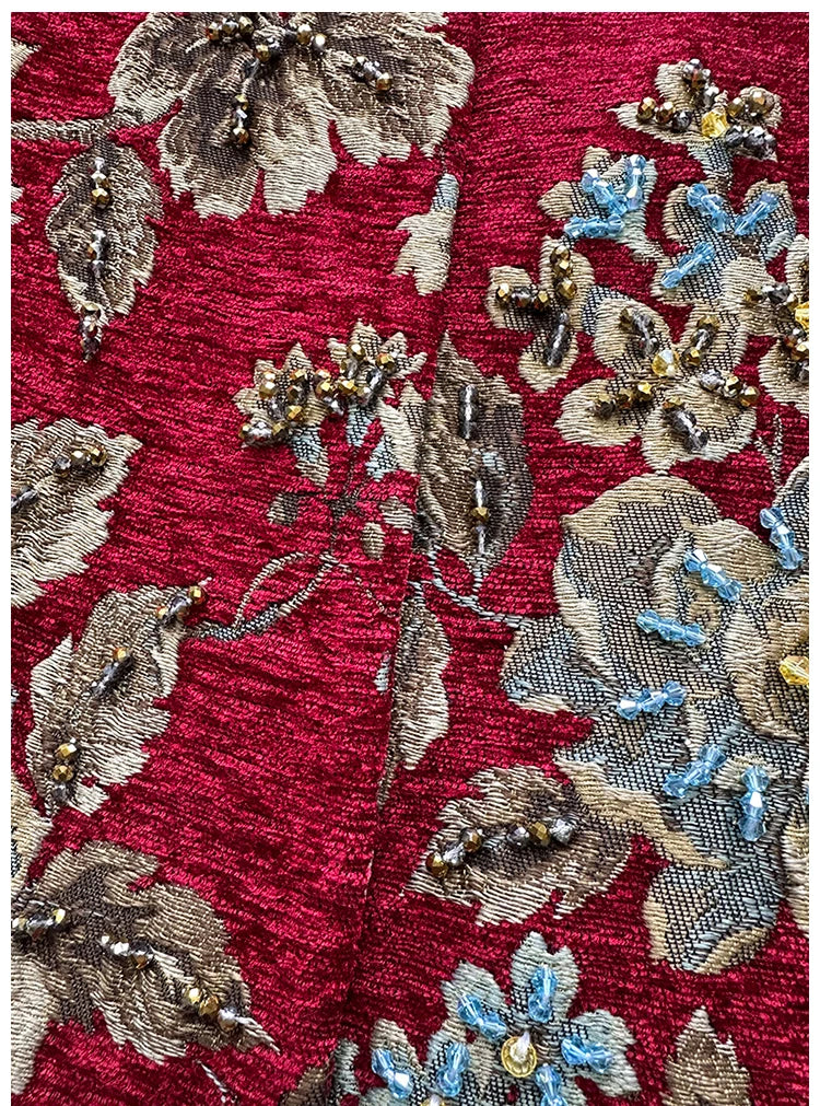 Autumn Winter New Women's Velvet Beaded Round Neck 3/4 Sleeve Burgundy Mid-Length Coat Chenille Texture Luxury Jacket