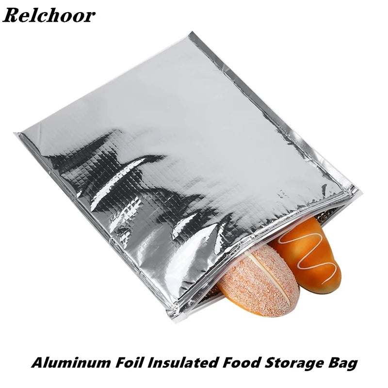 Relchoor 5pcs Insulated Food Storage Bag Aluminum Foil Insulated Reusable Bag Thermal Cooler Silver Outdoor Kitchen Food Bags