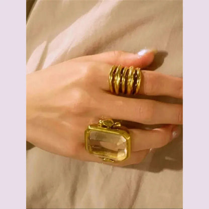Fashion Square Natural Stone Crystal Ring Gold Color Metal for Women Brass Jewelry  2024 Light Luxury European And American