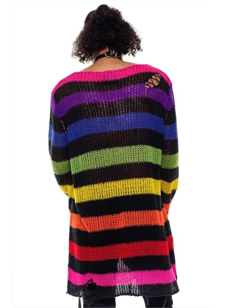 Fashion O-neck Long-sleeved Sweater For Women Autumn High Street Ripped Rainbow Gradient Stripes Mid-length Loose Sweater Female - Kimlud