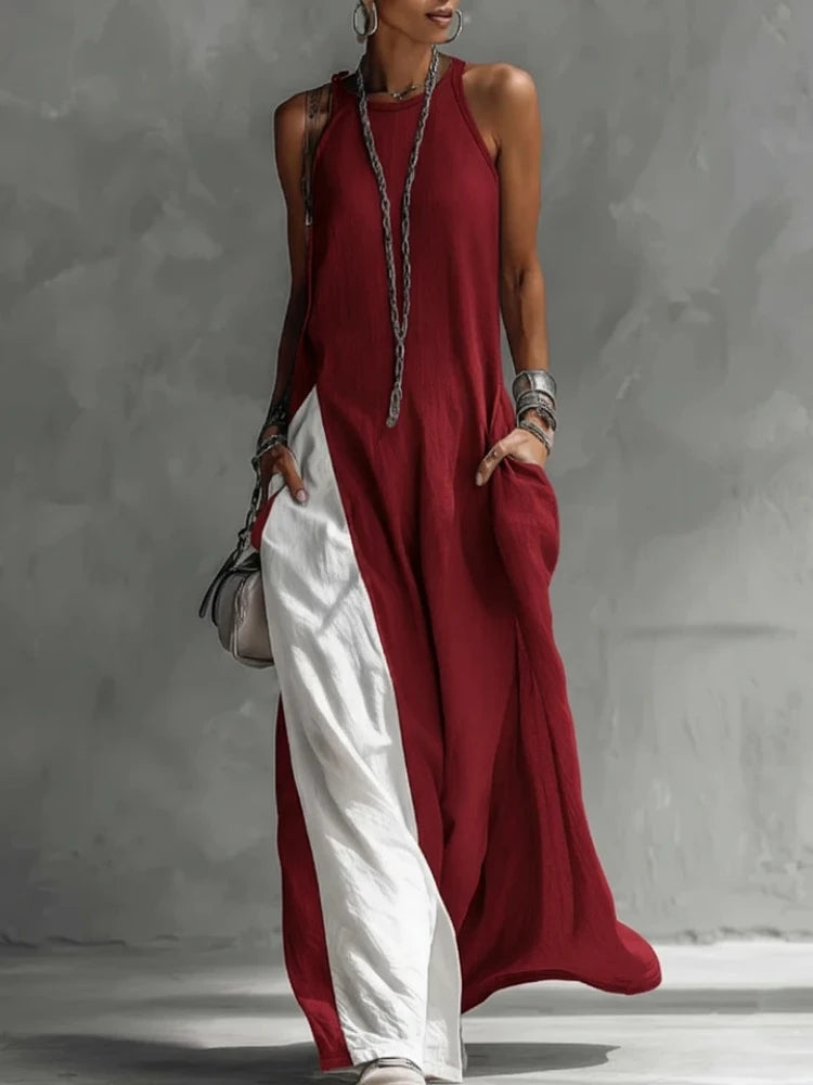 Women Strappy Maxi Dress A-line Vest Type Color Block Summer Beach Dress Loose Casual Halter Neck Pocket Side Split Long Dresses - Kimlud
