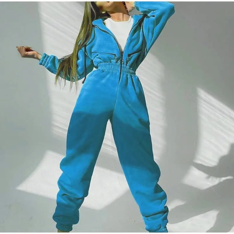 Long Sleeve Sports Casual Women's Hooded Overall Pants Jumpsuits Solid Color Jumpsuit Women One-Piece Suit - Kimlud
